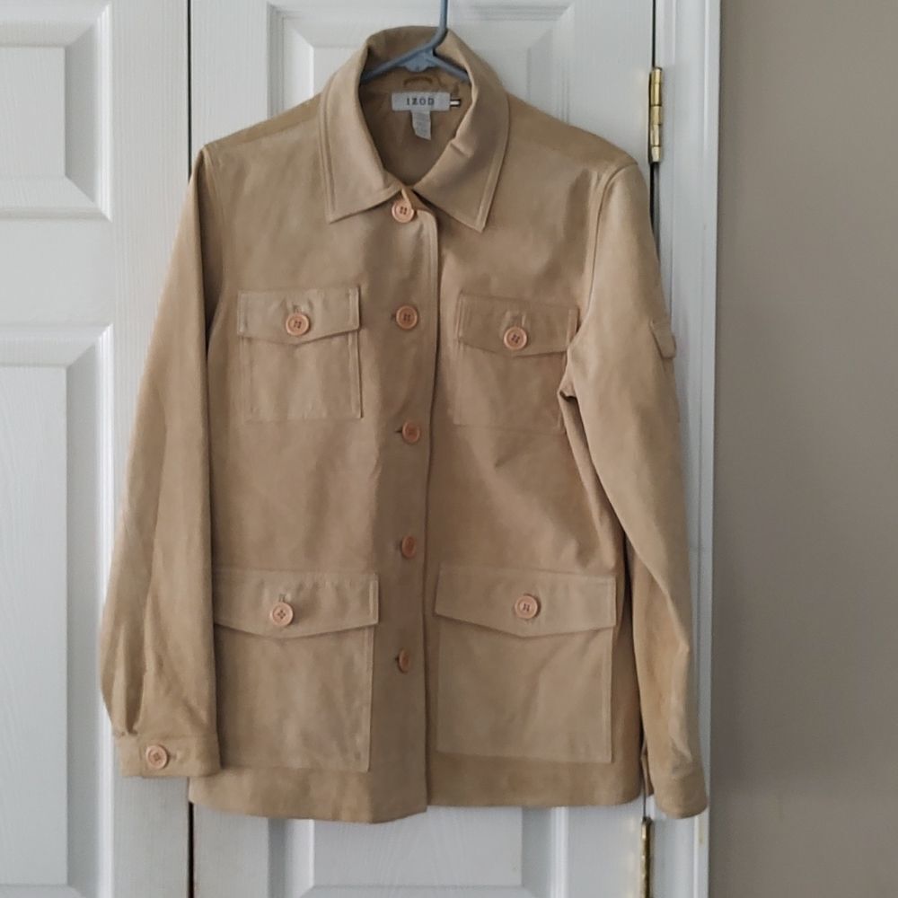 Ladies Izod tan color button down leather jacket Sz M